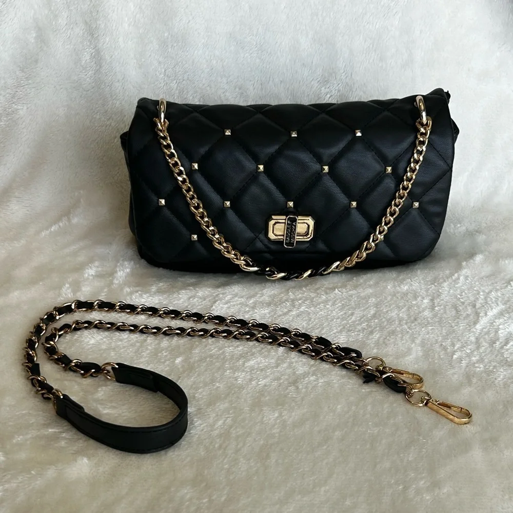 Badgley Mischka Quilted Studded Black Chain Shoulder Bag Crossbody